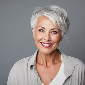 Smiling senior woman with implant dentures in Mesquite