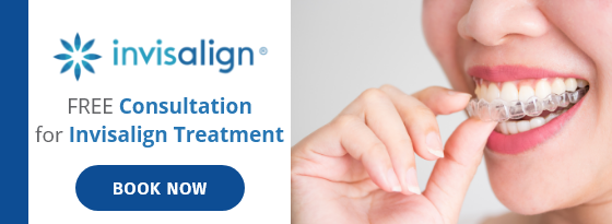 A woman smiles while inserting Invisalign aligners. Text on the left reads, "Invisalign Free Consultation for Invisalign Treatment" with a "Book Now" button.